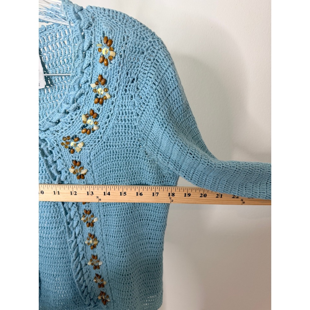 Emma James Liz Claiborne Blue Crochet Beaded Floral Tie Front Cardigan Sweater S - Picture 4 of 6